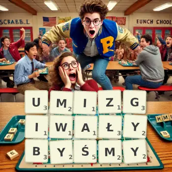 Kreatywna ilustracja do gry w Scrabble ze słowem UMIZGIWAŁYBYŚMY ułożonym z płytek na planszy.