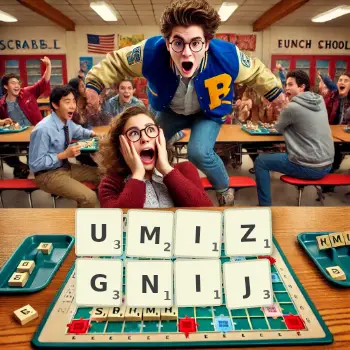 Kreatywna ilustracja do gry w Scrabble ze słowem UMIZGNIJ ułożonym z płytek na planszy.