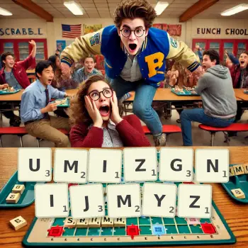 Kreatywna ilustracja do gry w Scrabble ze słowem UMIZGNIJMYZ ułożonym z płytek na planszy.