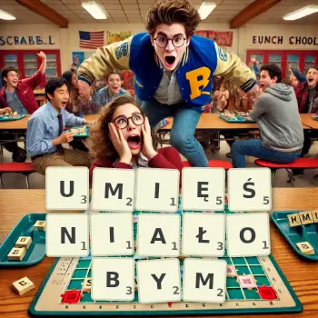 Kreatywna ilustracja do gry w Scrabble ze słowem UMIĘŚNIAŁOBYM ułożonym z płytek na planszy.