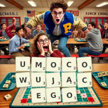 Kreatywna ilustracja do gry w Scrabble ze słowem UMOCOWUJĄCEGO ułożonym z płytek na planszy.