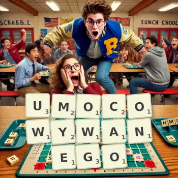 Kreatywna ilustracja do gry w Scrabble ze słowem UMOCOWYWANEGO ułożonym z płytek na planszy.