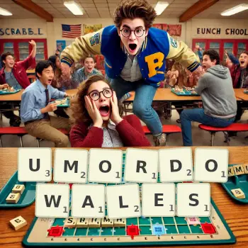 Kreatywna ilustracja do gry w Scrabble ze słowem UMORDOWALES ułożonym z płytek na planszy.