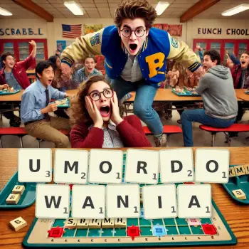 Kreatywna ilustracja do gry w Scrabble ze słowem UMORDOWANIA ułożonym z płytek na planszy.