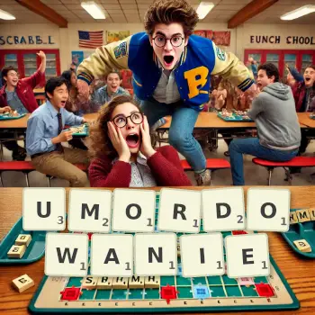 Kreatywna ilustracja do gry w Scrabble ze słowem UMORDOWANIE ułożonym z płytek na planszy.