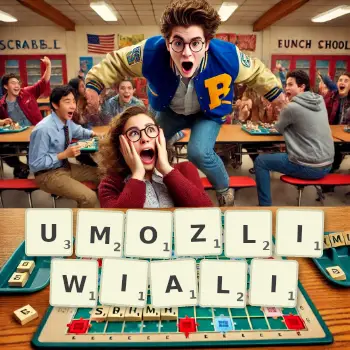 Kreatywna ilustracja do gry w Scrabble ze słowem UMOZLIWIALI ułożonym z płytek na planszy.