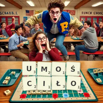 Kreatywna ilustracja do gry w Scrabble ze słowem UMOŚCIŁO ułożonym z płytek na planszy.