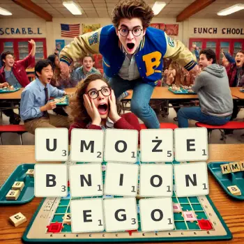Kreatywna ilustracja do gry w Scrabble ze słowem UMOŻEBNIONEGO ułożonym z płytek na planszy.
