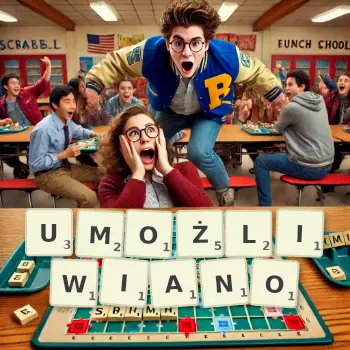 Kreatywna ilustracja do gry w Scrabble ze słowem UMOŻLIWIANO ułożonym z płytek na planszy.