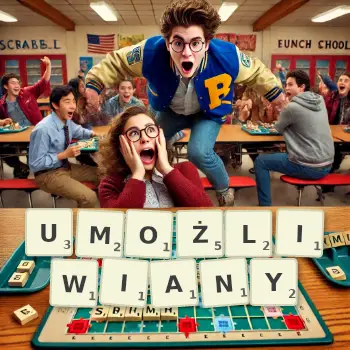 Kreatywna ilustracja do gry w Scrabble ze słowem UMOŻLIWIANY ułożonym z płytek na planszy.