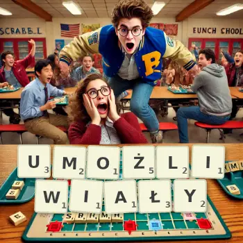 Kreatywna ilustracja do gry w Scrabble ze słowem UMOŻLIWIAŁY ułożonym z płytek na planszy.