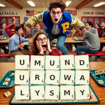 Kreatywna ilustracja do gry w Scrabble ze słowem UMUNDUROWALYSMY ułożonym z płytek na planszy.