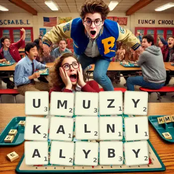 Kreatywna ilustracja do gry w Scrabble ze słowem UMUZYKALNIALYBY ułożonym z płytek na planszy.