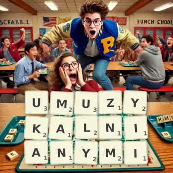 Kreatywna ilustracja do gry w Scrabble ze słowem UMUZYKALNIANYMI ułożonym z płytek na planszy.