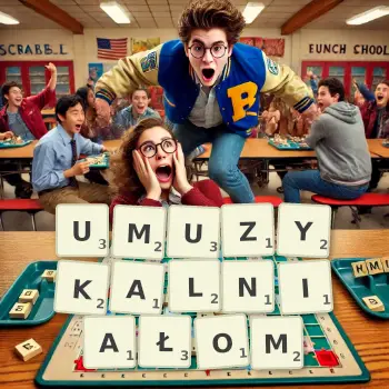 Kreatywna ilustracja do gry w Scrabble ze słowem UMUZYKALNIAŁOM ułożonym z płytek na planszy.