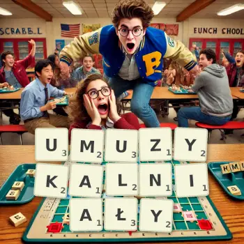 Kreatywna ilustracja do gry w Scrabble ze słowem UMUZYKALNIAŁY ułożonym z płytek na planszy.