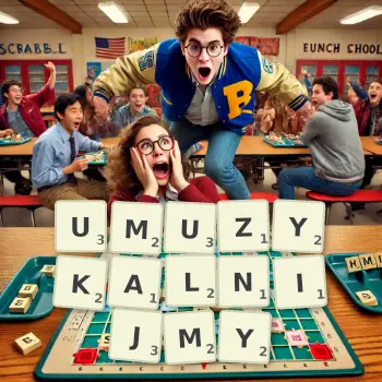 Kreatywna ilustracja do gry w Scrabble ze słowem UMUZYKALNIJMY ułożonym z płytek na planszy.