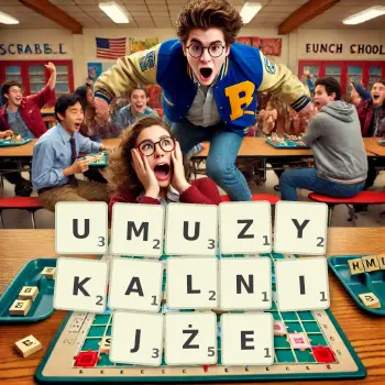 Kreatywna ilustracja do gry w Scrabble ze słowem UMUZYKALNIJŻE ułożonym z płytek na planszy.