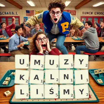 Kreatywna ilustracja do gry w Scrabble ze słowem UMUZYKALNILIŚMY ułożonym z płytek na planszy.