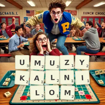 Kreatywna ilustracja do gry w Scrabble ze słowem UMUZYKALNILOM ułożonym z płytek na planszy.