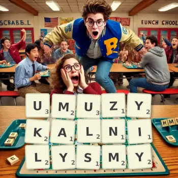 Kreatywna ilustracja do gry w Scrabble ze słowem UMUZYKALNILYSMY ułożonym z płytek na planszy.