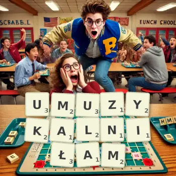 Kreatywna ilustracja do gry w Scrabble ze słowem UMUZYKALNIŁAM ułożonym z płytek na planszy.