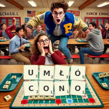 Kreatywna ilustracja do gry w Scrabble ze słowem UMŁÓCONO ułożonym z płytek na planszy.