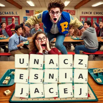 Kreatywna ilustracja do gry w Scrabble ze słowem UNACZESNIAJACEJ ułożonym z płytek na planszy.