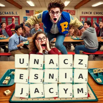 Kreatywna ilustracja do gry w Scrabble ze słowem UNACZESNIAJACYM ułożonym z płytek na planszy.