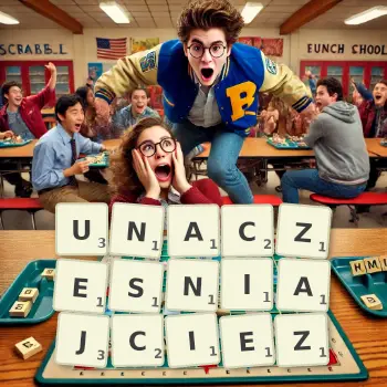 Kreatywna ilustracja do gry w Scrabble ze słowem UNACZESNIAJCIEZ ułożonym z płytek na planszy.