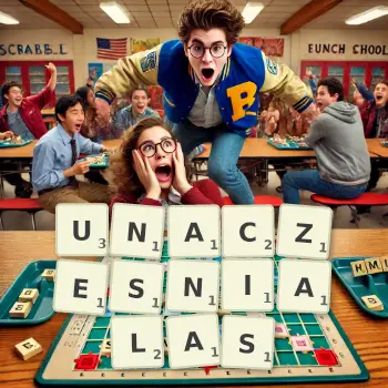 Kreatywna ilustracja do gry w Scrabble ze słowem UNACZESNIALAS ułożonym z płytek na planszy.