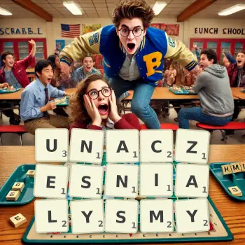 Kreatywna ilustracja do gry w Scrabble ze słowem UNACZESNIALYSMY ułożonym z płytek na planszy.