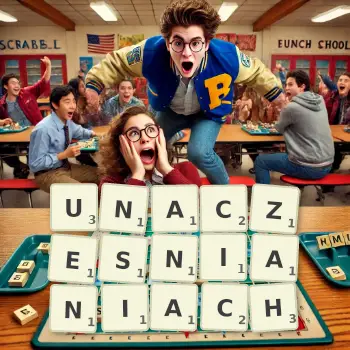 Kreatywna ilustracja do gry w Scrabble ze słowem UNACZESNIANIACH ułożonym z płytek na planszy.