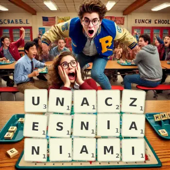 Kreatywna ilustracja do gry w Scrabble ze słowem UNACZESNIANIAMI ułożonym z płytek na planszy.