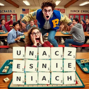 Kreatywna ilustracja do gry w Scrabble ze słowem UNACZESNIENIACH ułożonym z płytek na planszy.