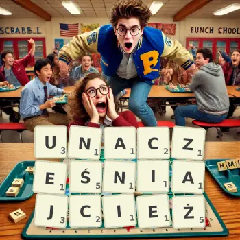 Kreatywna ilustracja do gry w Scrabble ze słowem UNACZEŚNIAJCIEŻ ułożonym z płytek na planszy.