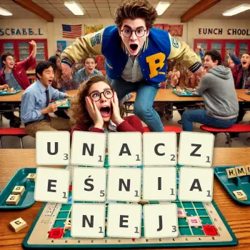 Kreatywna ilustracja do gry w Scrabble ze słowem UNACZEŚNIANEJ ułożonym z płytek na planszy.