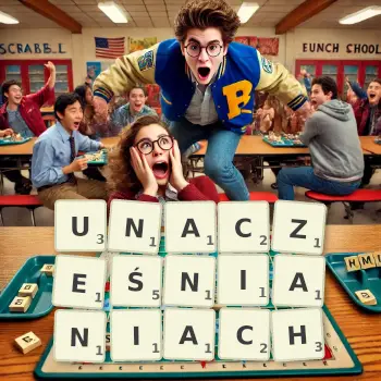 Kreatywna ilustracja do gry w Scrabble ze słowem UNACZEŚNIANIACH ułożonym z płytek na planszy.