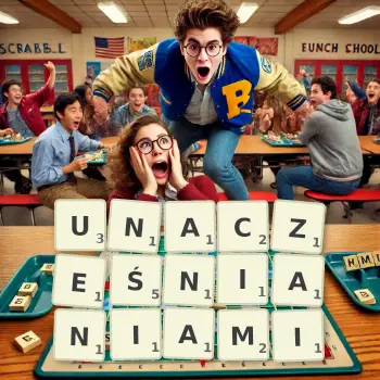 Kreatywna ilustracja do gry w Scrabble ze słowem UNACZEŚNIANIAMI ułożonym z płytek na planszy.