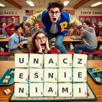 Kreatywna ilustracja do gry w Scrabble ze słowem UNACZEŚNIENIAMI ułożonym z płytek na planszy.