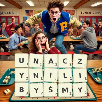 Kreatywna ilustracja do gry w Scrabble ze słowem UNACZYNILIBYŚMY ułożonym z płytek na planszy.