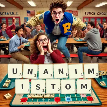 Kreatywna ilustracja do gry w Scrabble ze słowem UNANIMISTOM ułożonym z płytek na planszy.