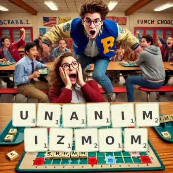 Kreatywna ilustracja do gry w Scrabble ze słowem UNANIMIZMOM ułożonym z płytek na planszy.