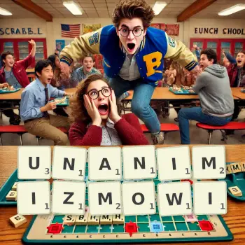 Kreatywna ilustracja do gry w Scrabble ze słowem UNANIMIZMOWI ułożonym z płytek na planszy.