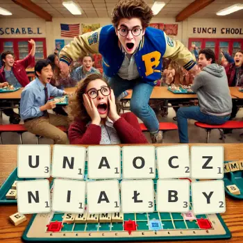 Kreatywna ilustracja do gry w Scrabble ze słowem UNAOCZNIAŁBY ułożonym z płytek na planszy.