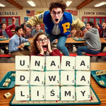 Kreatywna ilustracja do gry w Scrabble ze słowem UNARADAWIALIŚMY ułożonym z płytek na planszy.