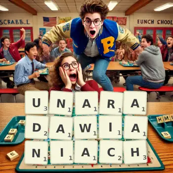 Kreatywna ilustracja do gry w Scrabble ze słowem UNARADAWIANIACH ułożonym z płytek na planszy.