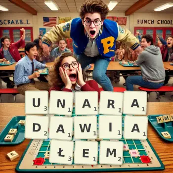 Kreatywna ilustracja do gry w Scrabble ze słowem UNARADAWIAŁEM ułożonym z płytek na planszy.