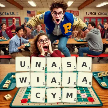 Kreatywna ilustracja do gry w Scrabble ze słowem UNASAWIAJĄCYM ułożonym z płytek na planszy.