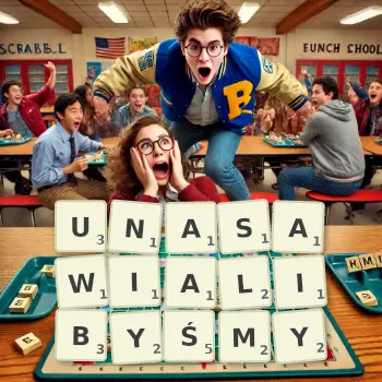 Kreatywna ilustracja do gry w Scrabble ze słowem UNASAWIALIBYŚMY ułożonym z płytek na planszy.